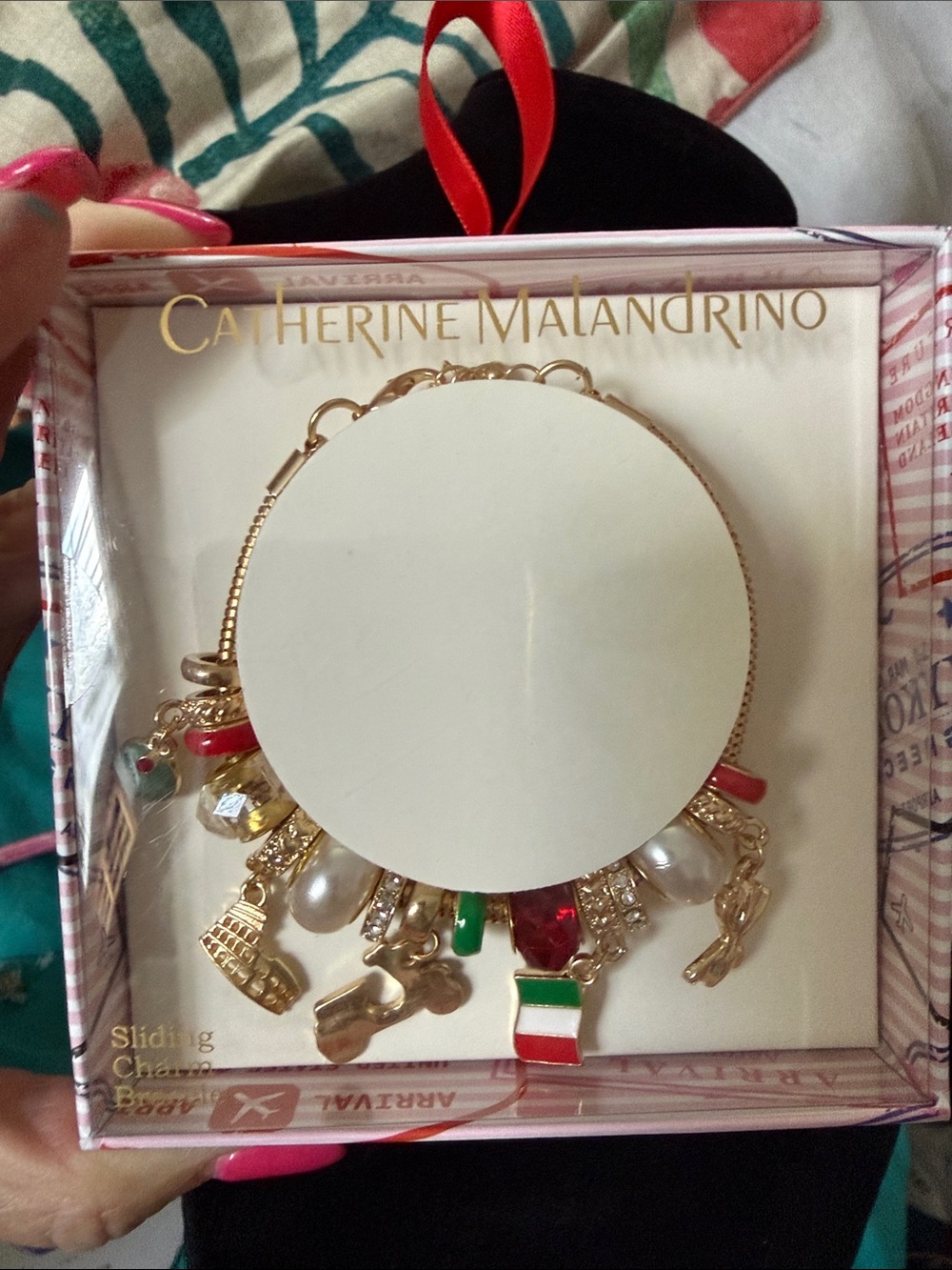 New Catherine Malandrino Italian Gold-Tone  Charm Bracelet pasta, Olive, flag++